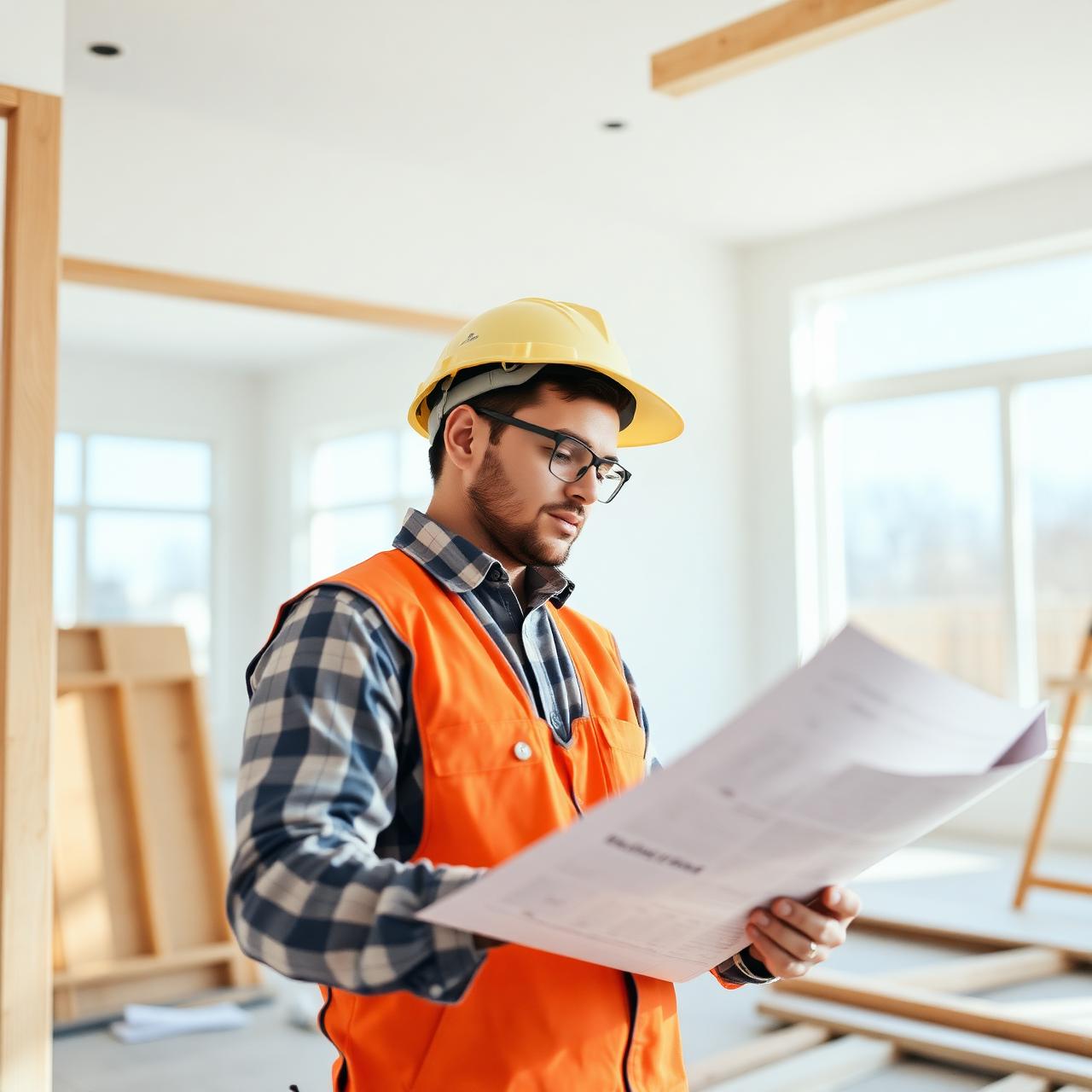 Professionnel de la construction étudiant des plans sur un chantier résidentiel